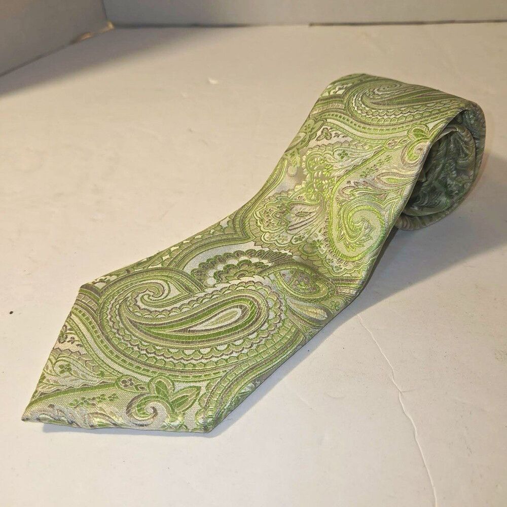 The Tie Bar Men's Designer Woven Paisley Tie Green Silver Classic Length